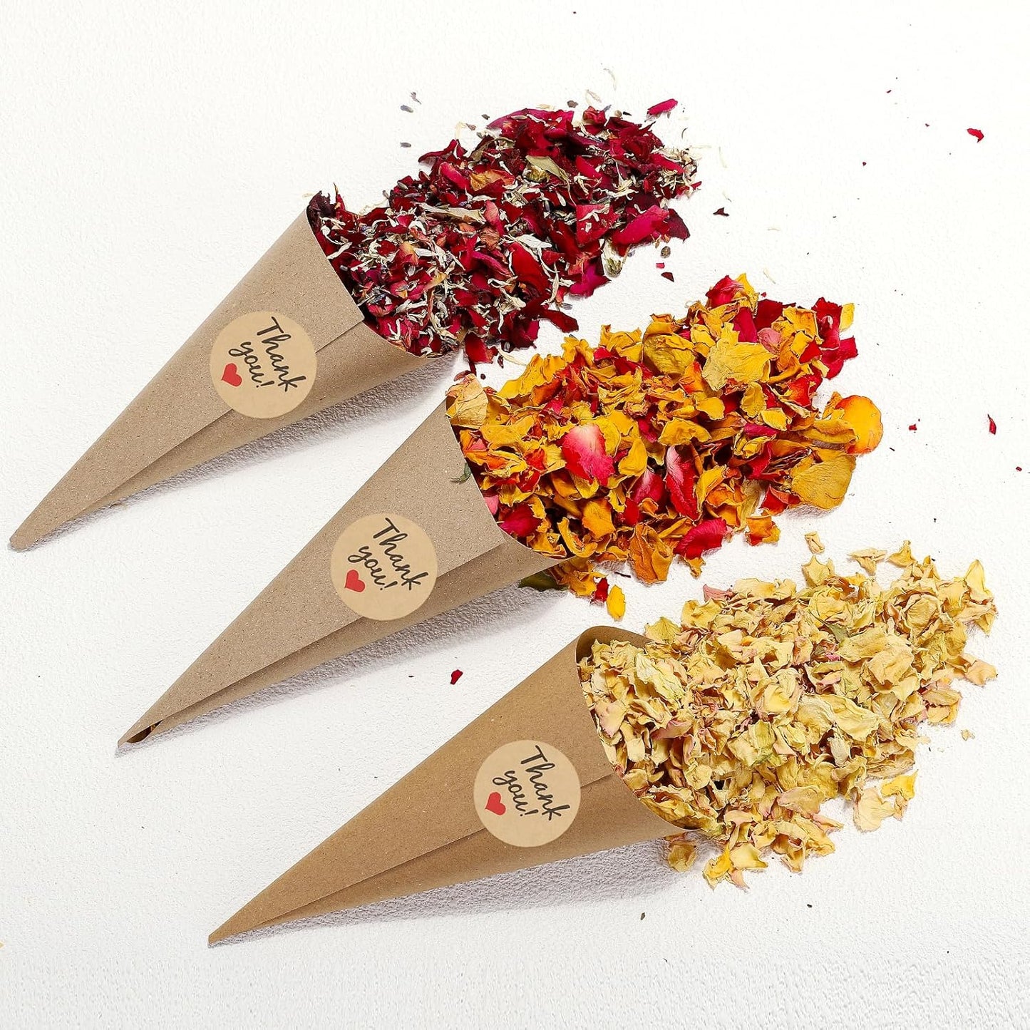PATIKIL Dried Flower Confetti Cones, 30Pcs Paper Tapers Cone Holder with Dried Rose Petals / Sticker for Wedding Party Engagement Birthday DIY Decoration, Red/Yellow