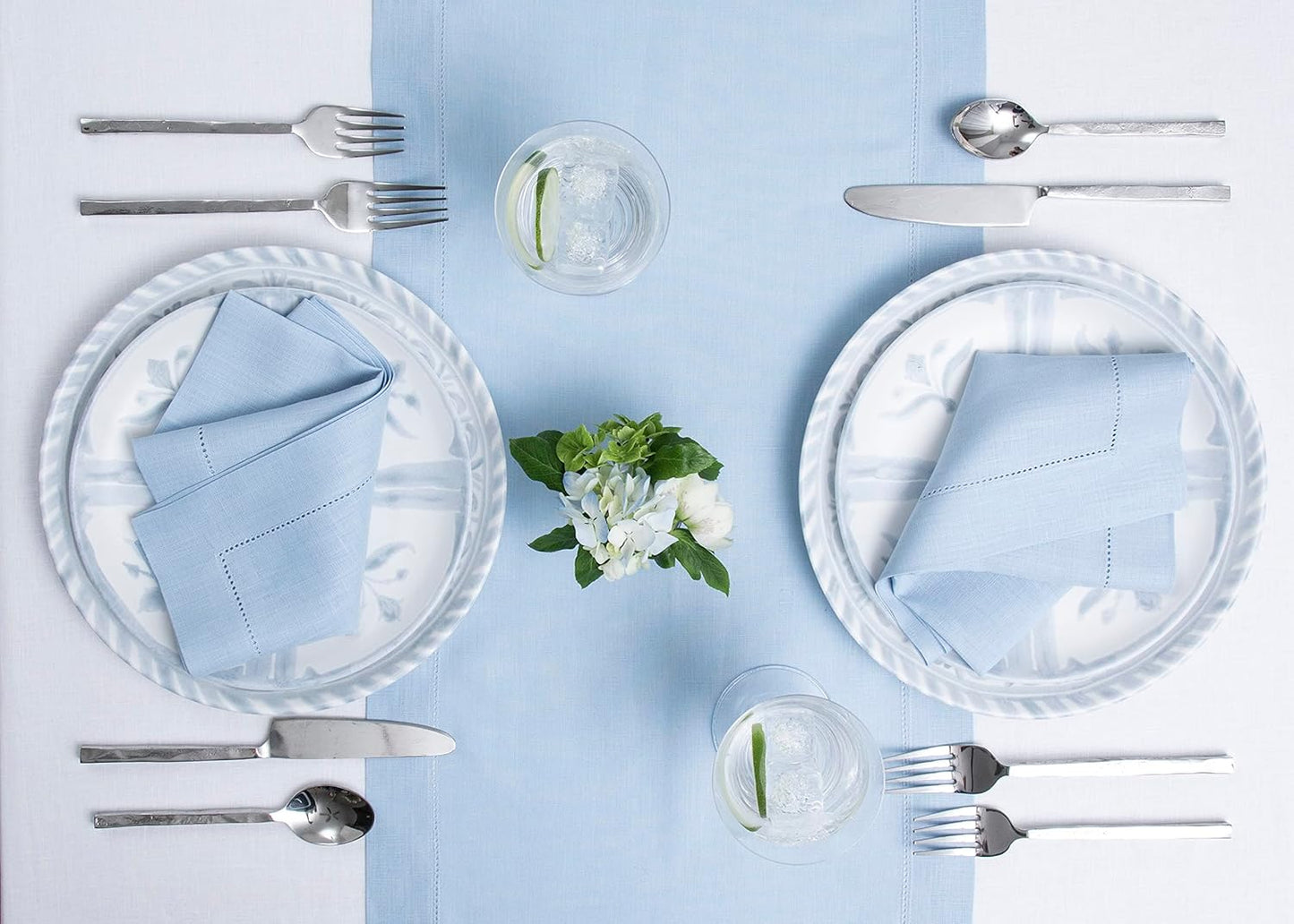 Solino Home Sky Blue Table Runner 90 Inches Long - 100% Pure Linen Hemstitch 14 x 90 Inch Table Runner for Dining, Holiday - Classic Hemstitch