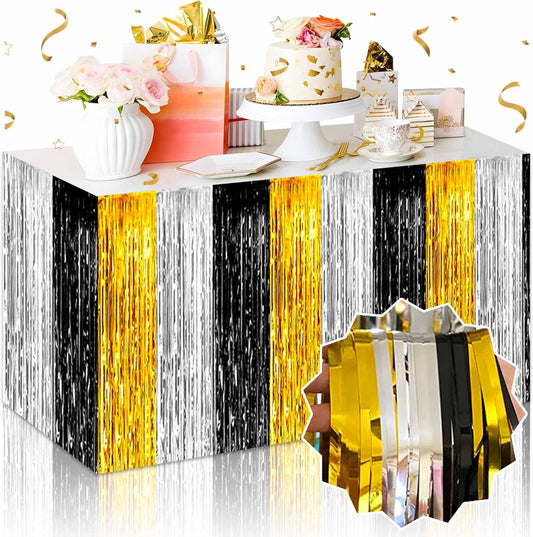 3 Pack 29 x108 Inch Black Gold Silver Foil Fringe Table Skirts Metallic Banner for Tinsel Streamer Garland Backdrop for Parade Floats Mother's Day, Graduate, Birthday, Wedding Party Decoration