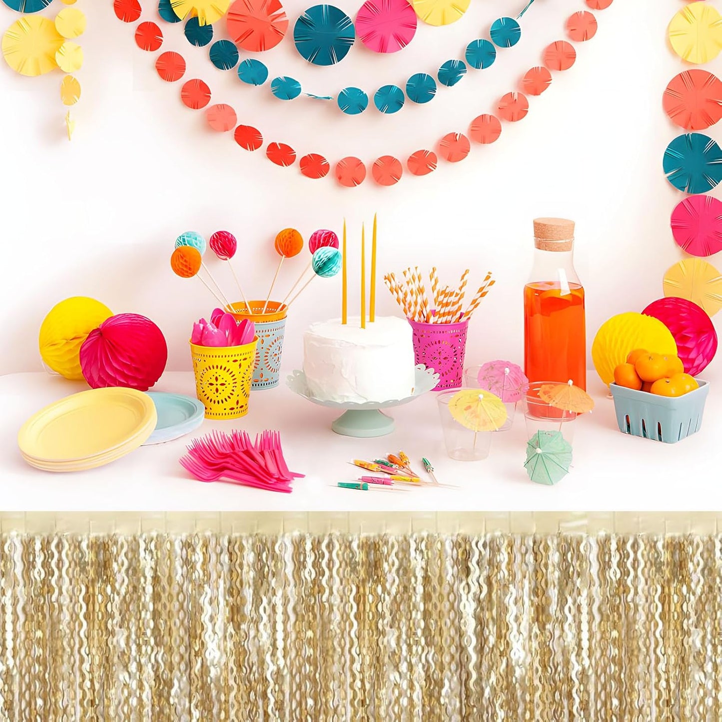 6 Pack 29 x108 Inch Champagne Gold Wave Foil Fringe Table Skirts Metallic Banner for Tinsel Streamer Garland Backdrop for Parade Floats, Mother's Day, Easter, Wedding, Birthday Party Decoration