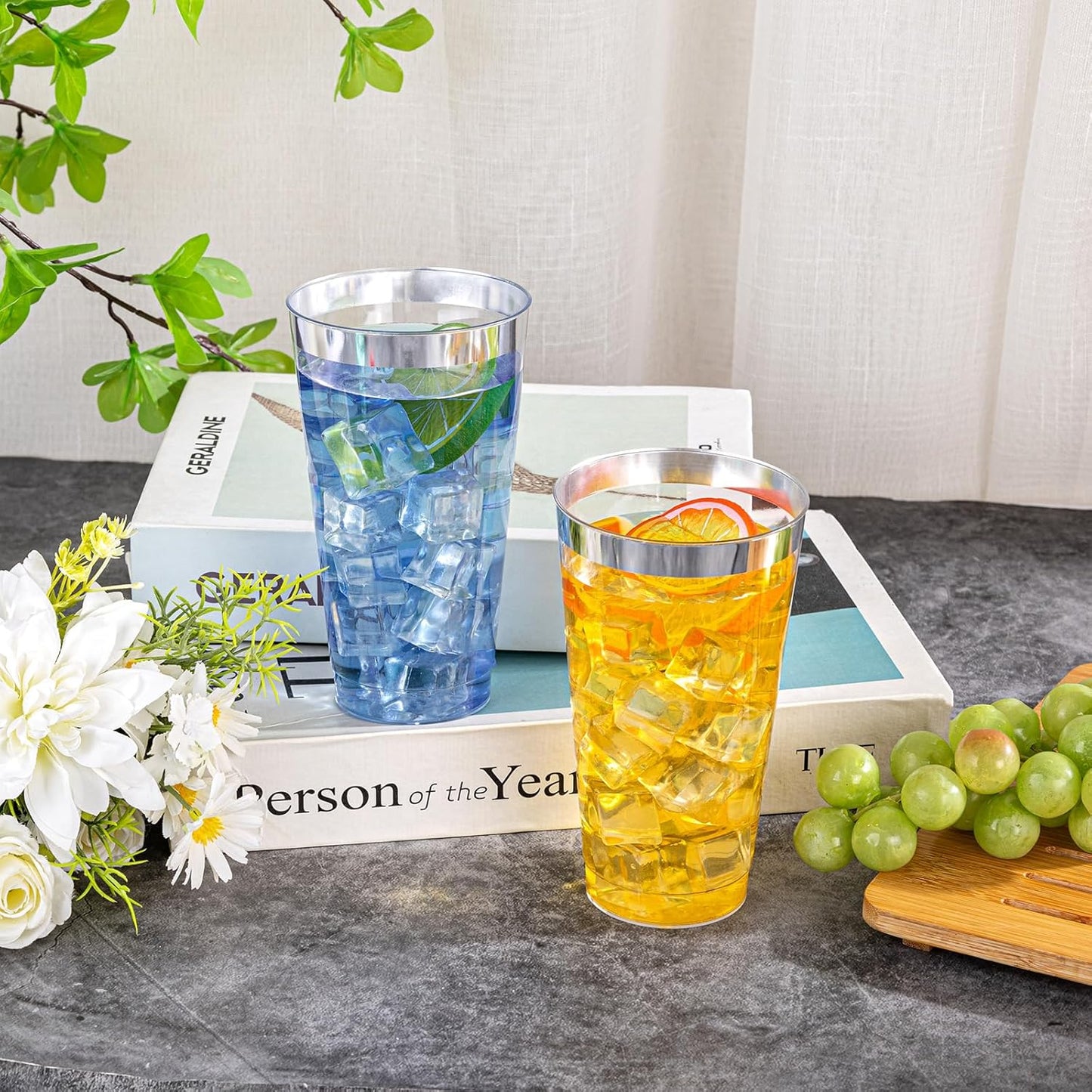 I00000 16 oz Silver Plastic Cups, 50 Pack Clear Plastic Cups,Silver Rimmed Disposable Cup, Heavy-duty Disposable Tumblers Perfect for Party, Holiday, Wedding & Birthday