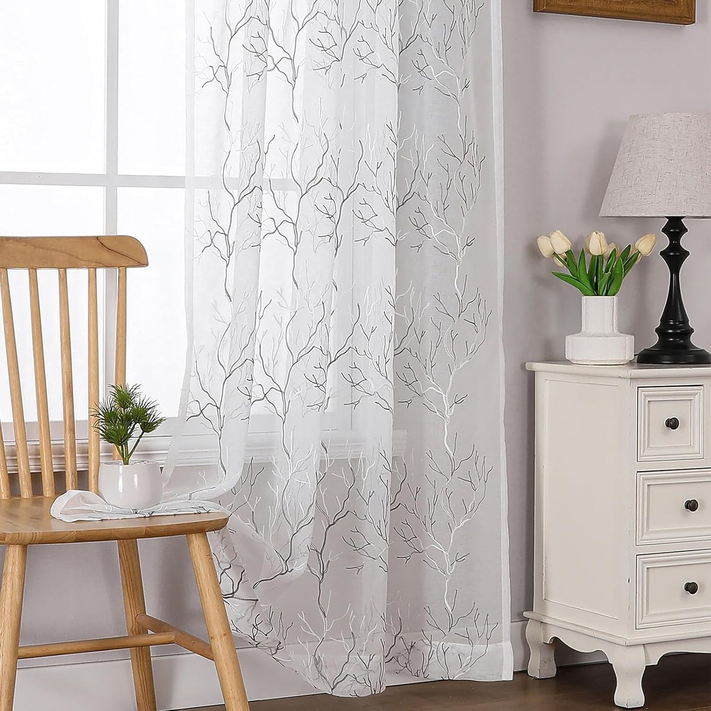 VISIONTEX Sheer Curtains 95 inch Length 2 Panels Set, Decorative Grey Coral Embroidery, Rod Pocket Embroidered Window Drapes for Living Room and Bedroom, 54" x 95"