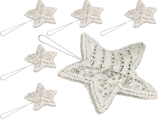 Beaded Star Hanging Ornaments with Twine - Beaded Decorative Ornaments Set of 6 for Tabletop Decoration, Bookshelf, Desk, Nightstand, Home, Office, Desktop, Cabinets, Shelf (White) - CLEENTABLE