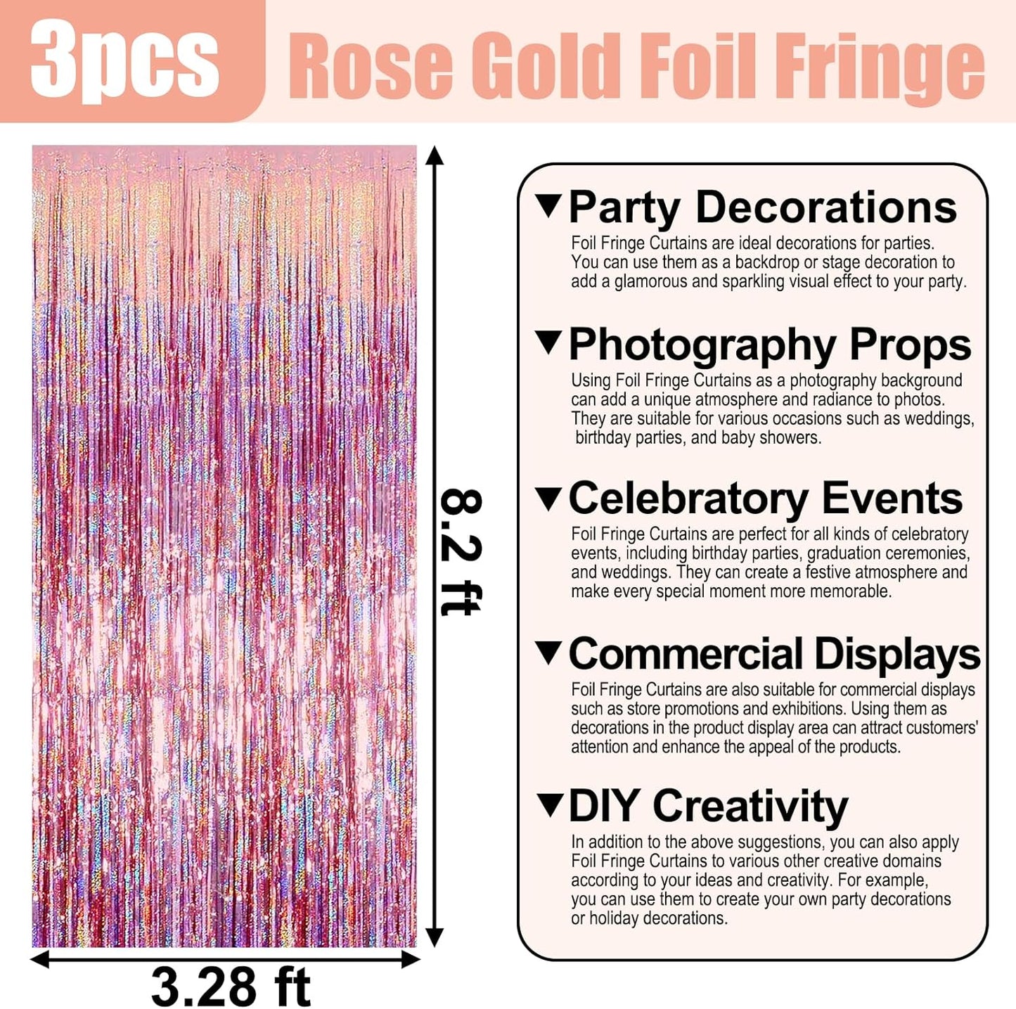 3 Pack Rose Gold Foil Fringe Curtain Backdrop, 3.28Ft x 8.2Ft Metallic Tinsel Foil Fringe Streamer Curtains for Photo Booth, Christmas Day, New Year, Wedding Party Decorations