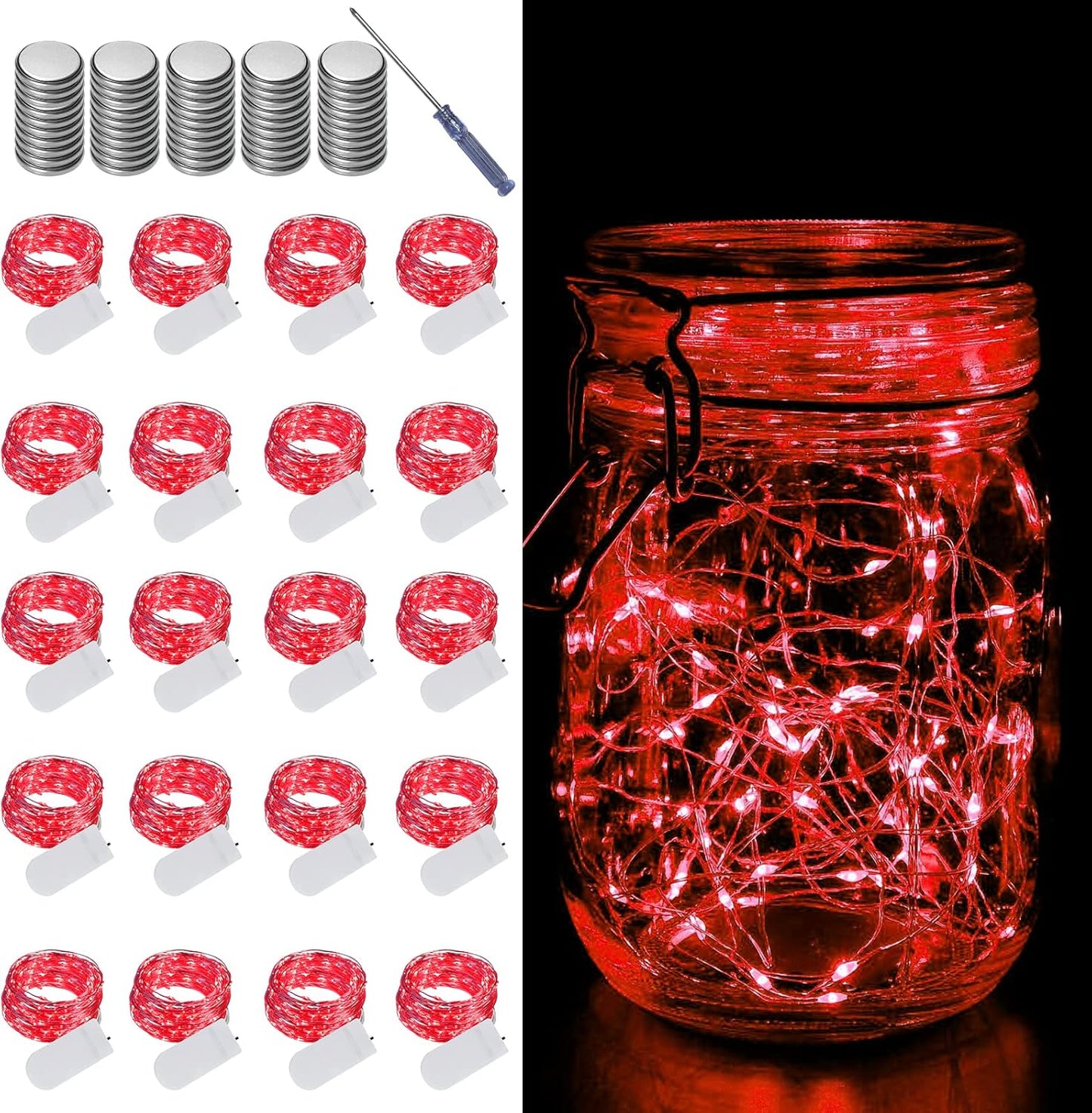 LAMPHOME 20 Pack Fairy Lights Battery Operated String Lights, 20 LED on 6.6FT Silvery Copper Wire, Firefly Fairy String Lights for Wedding Party Mason Jar Christmas Decorations Bedroom Decor(Red)