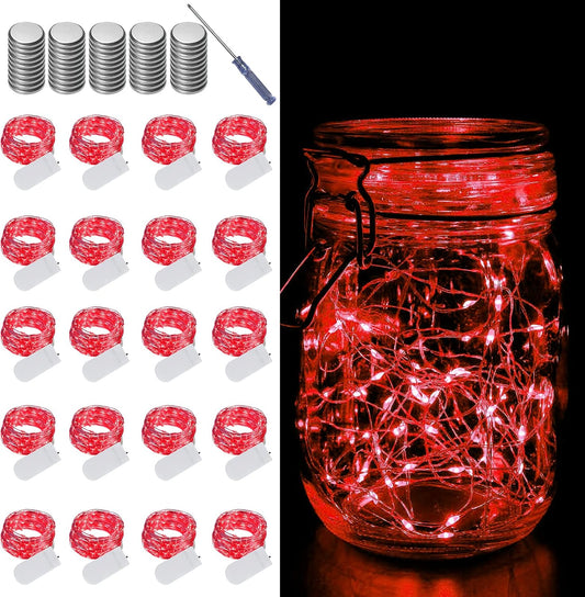 LAMPHOME 20 Pack Fairy Lights Battery Operated String Lights, 20 LED on 6.6FT Silvery Copper Wire, Firefly Fairy String Lights for Wedding Party Mason Jar Christmas Decorations Bedroom Decor(Red)