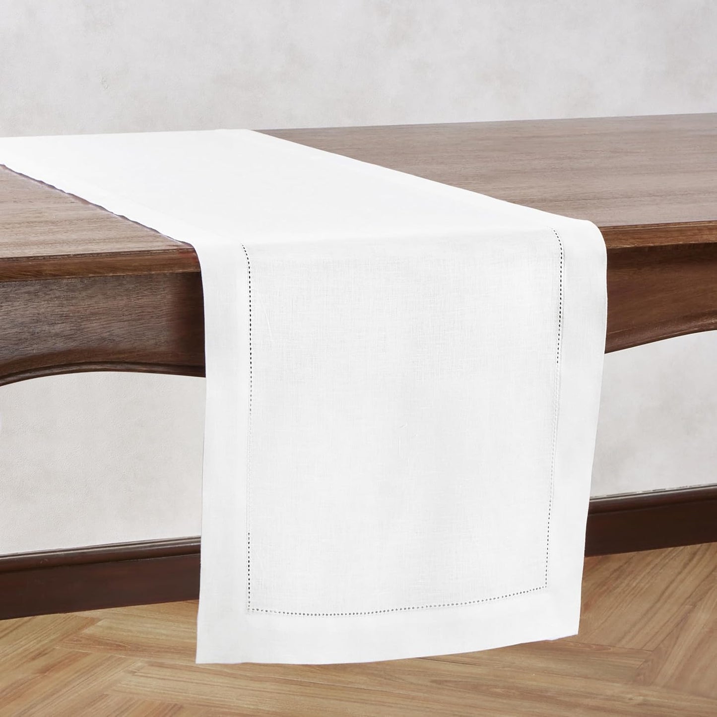 White Hemstitch Table Runner 36 inches – 100% Pure Linen Small Table Runner 14 x 36 Inch Ideal for Dresser and Coffee Tables – Elara, Spring, Summer, Wedding Decorations, Gift
