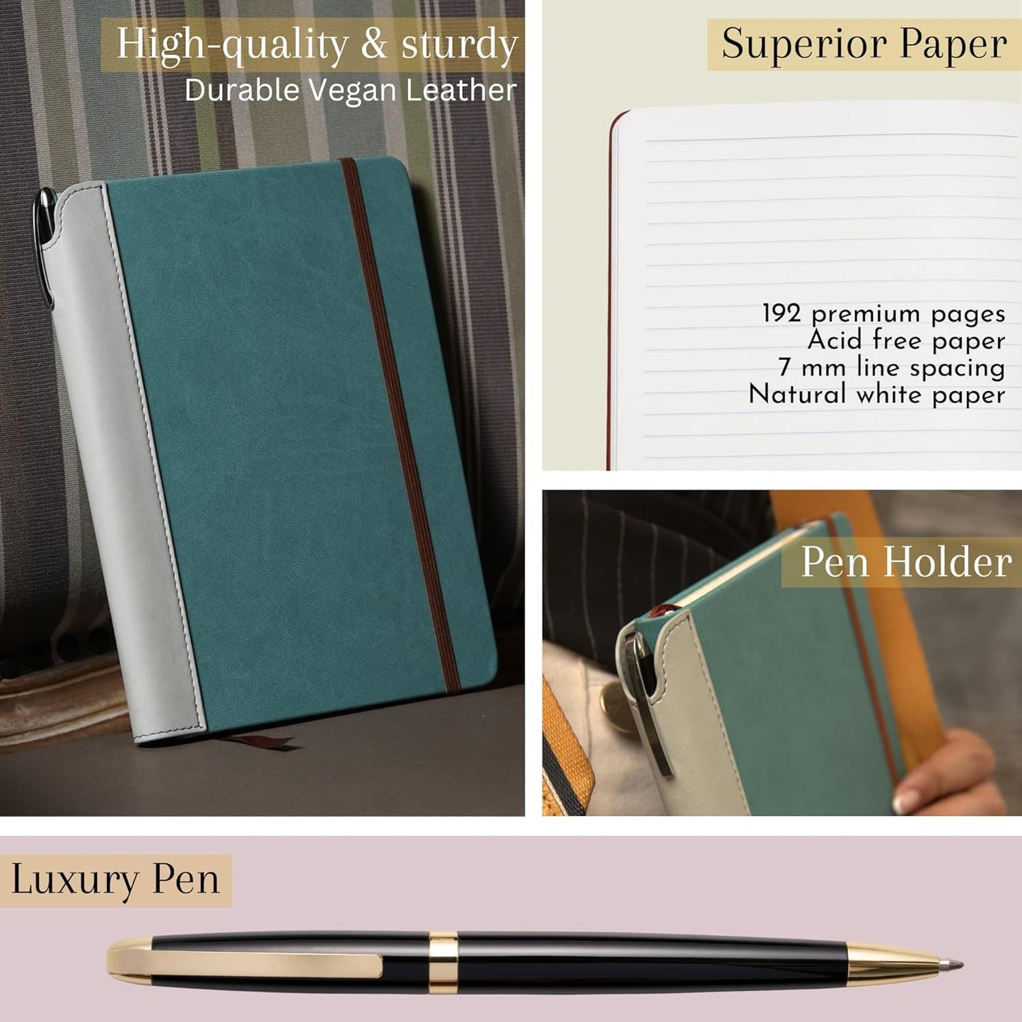 SETTINI® Lined Journal - Sleek Teal Journal for Writing Gift Set - Hardcover Vegan Leather, Includes Luxury Pen in a Unique Pen Holder, 192 Pages, 6 x 8.5 inches, Birthday Gift