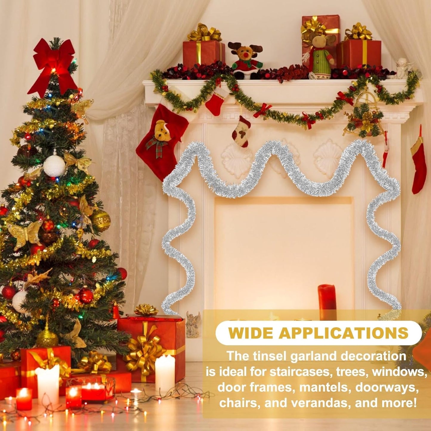 25 Feet Silver Christmas Tinsel Garland, Metallic Foil Twist Banner Wall Hanging Tinsel Streamers Backdrop for Parade Floats, Christmas, Mother's Day, Birthday Party Decorations(4in x 25ft)