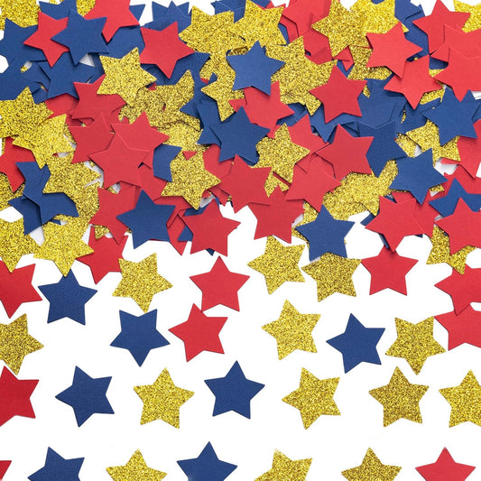 MOWO Gold Blue and Red Star Confetti Table Decoration for 4th July Graduation Retirement Theme Party,1.2 inch in Diameter,200 Counts