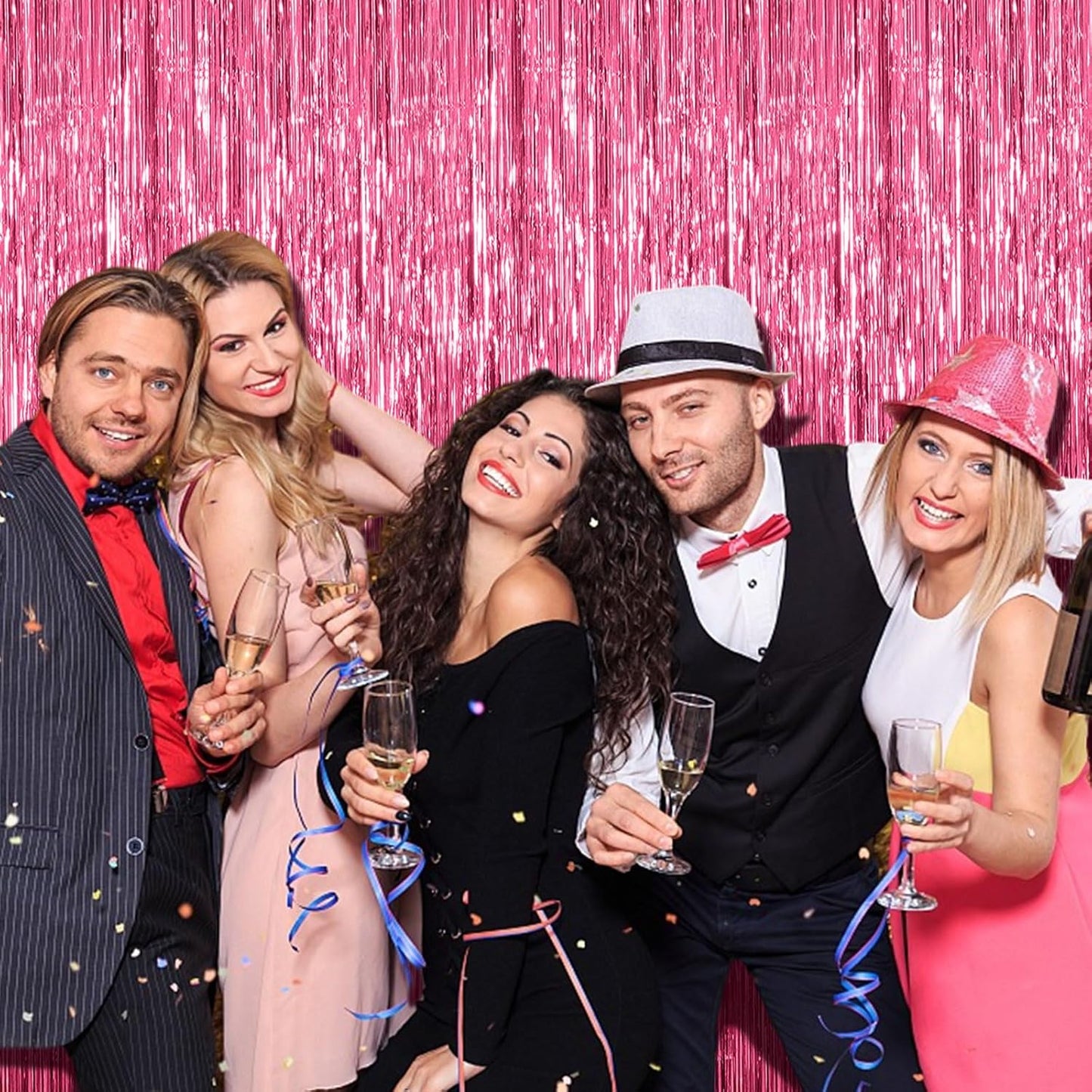 2 Pack Foil Curtain Backdrop Pink Metallic Tinsel Foil Fringe Curtains Photo Booth Props for Birthday Wedding Engagement Baby Shower Bachelorette Christmas Holiday Celebration Party Decorations