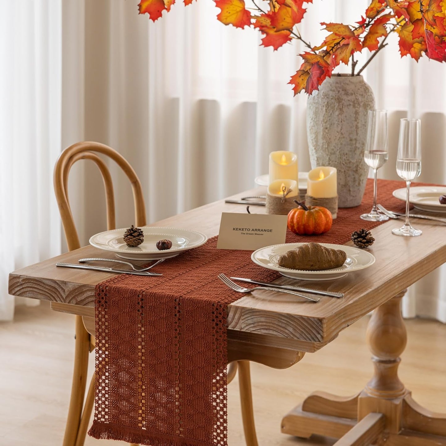 Boho Rust Table Runner for Home Decor 12x48 Inches Farmhouse Macrame Burlap Jute Rustic Dining Kitchen Centerpiece Bohemian Decor French Country Baby Bridal Shower Decorations