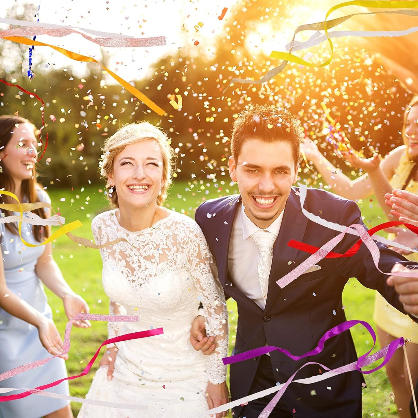 40 Pieces Ribbon Wedding Streamers with Bells, Lace Fairy Stick Wand Party Streamers Chromatic Silk Streamers for Party, Birthday and Holiday