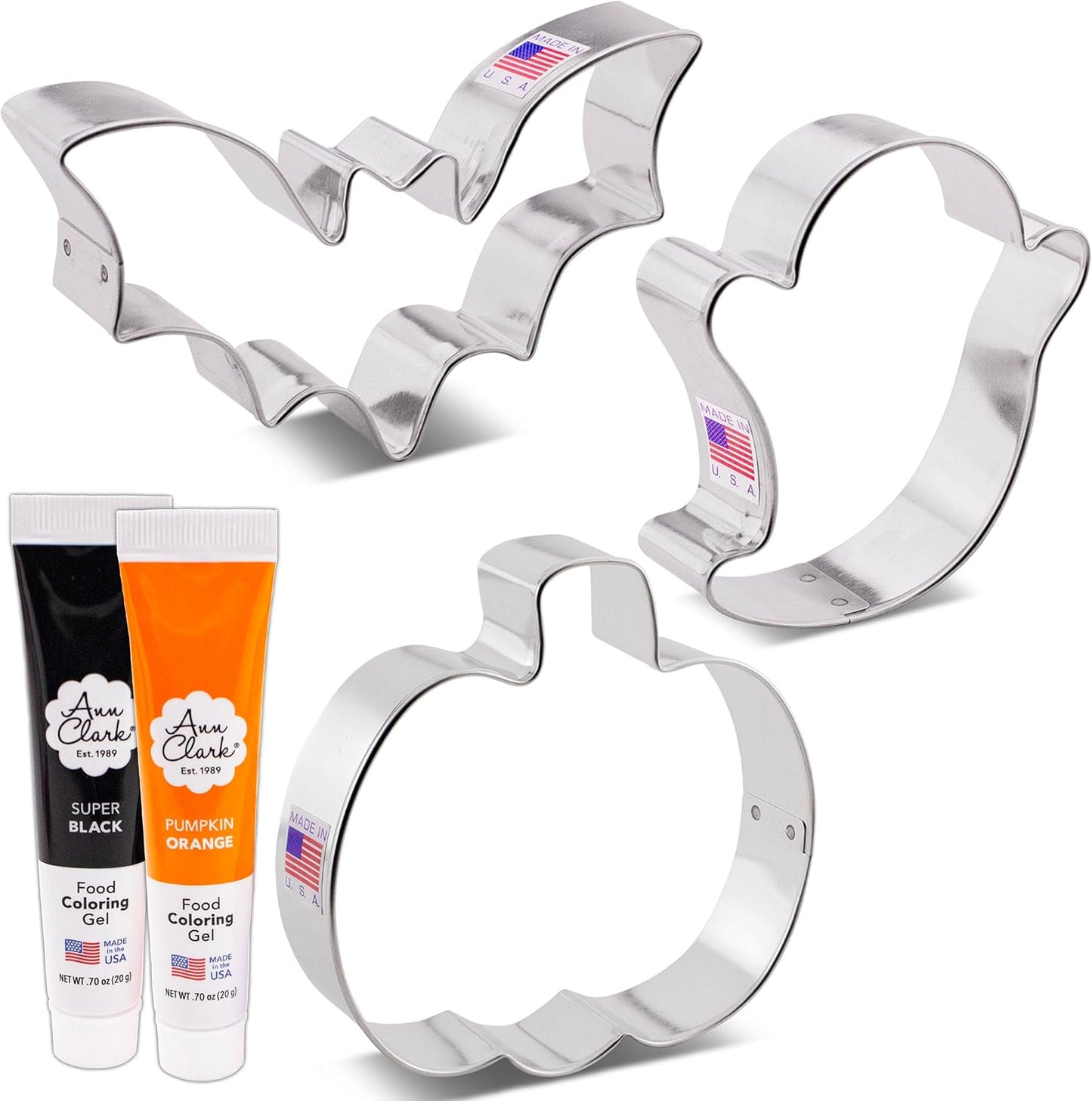 Halloween Cookie Cutters and Decorating 5-Pc. Set Made in USA by Ann Clark, Pumpkin, Ghost, Bat, Orange & Super Black Food Coloring Gel