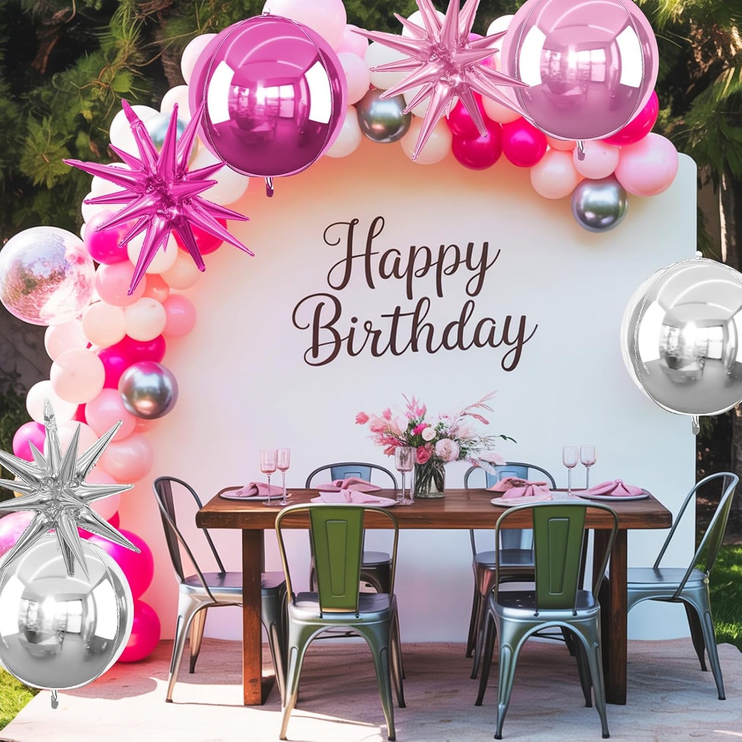 6Pcs Pink Silver Foil Balloons,22Inch Hot Pink Silver 4D Round Ball Balloon and Explosion Star Balloon for Birthday Wedding Baby Shower Anniversary Decorations