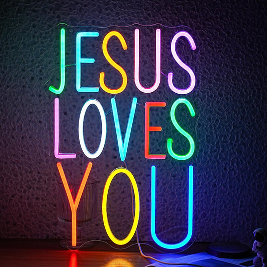 Jesus Loves You Neon sign Colorful Led Letters Sign Neon Light for Wall Decor Dimmable Jesus Light Up Sign for Home Christ Church Wedding Birthday Party Decor(USB Power)