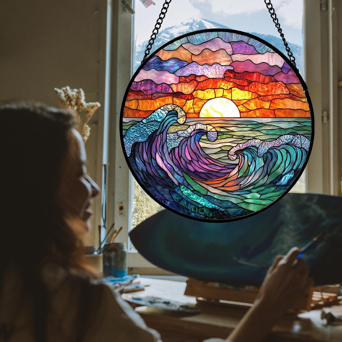 Stained Glass Window Hanging, Clouds and Sea Waves Suncatcher Diamond Glass Panel Hangings Scenery Sun Catchers Decor for Birthday for Women, Men, Wife, Aunt, and Mom 14.9 in