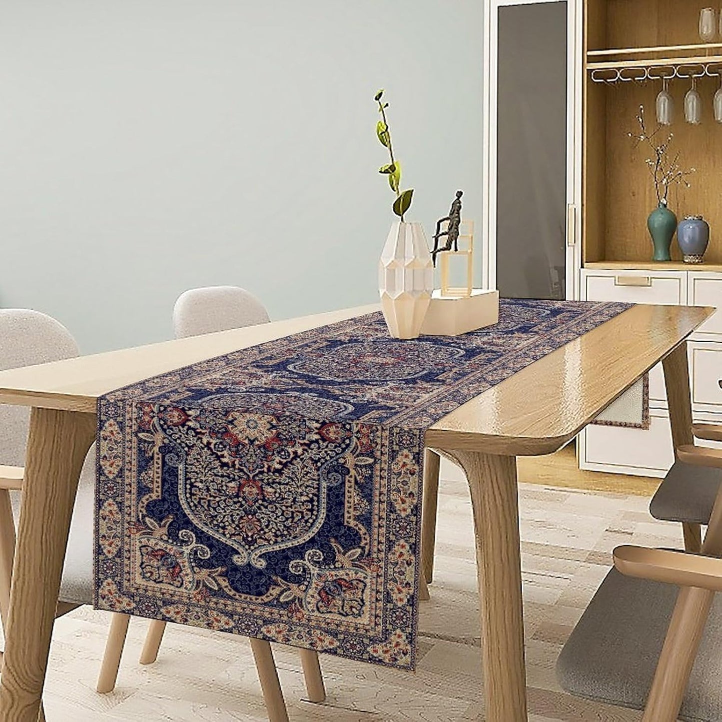 Boho Floral Vintage Table Runner, Blue Purple Retro Flower Rustic Country Farmhouse Pattern for Home Kitchen Table Decor Dining Coffee Room Party Decor 13x120in