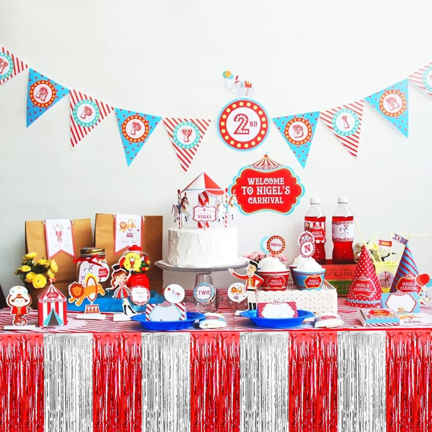 4 Pack 29x108 Inch Metallic Foil Fringe Tinsel Table Skirts for Rectangle Tables Streamer Backdrop for Wedding, Birthday, Parade Floats, Christmas, Halloween Party Decoration(Red Silver)