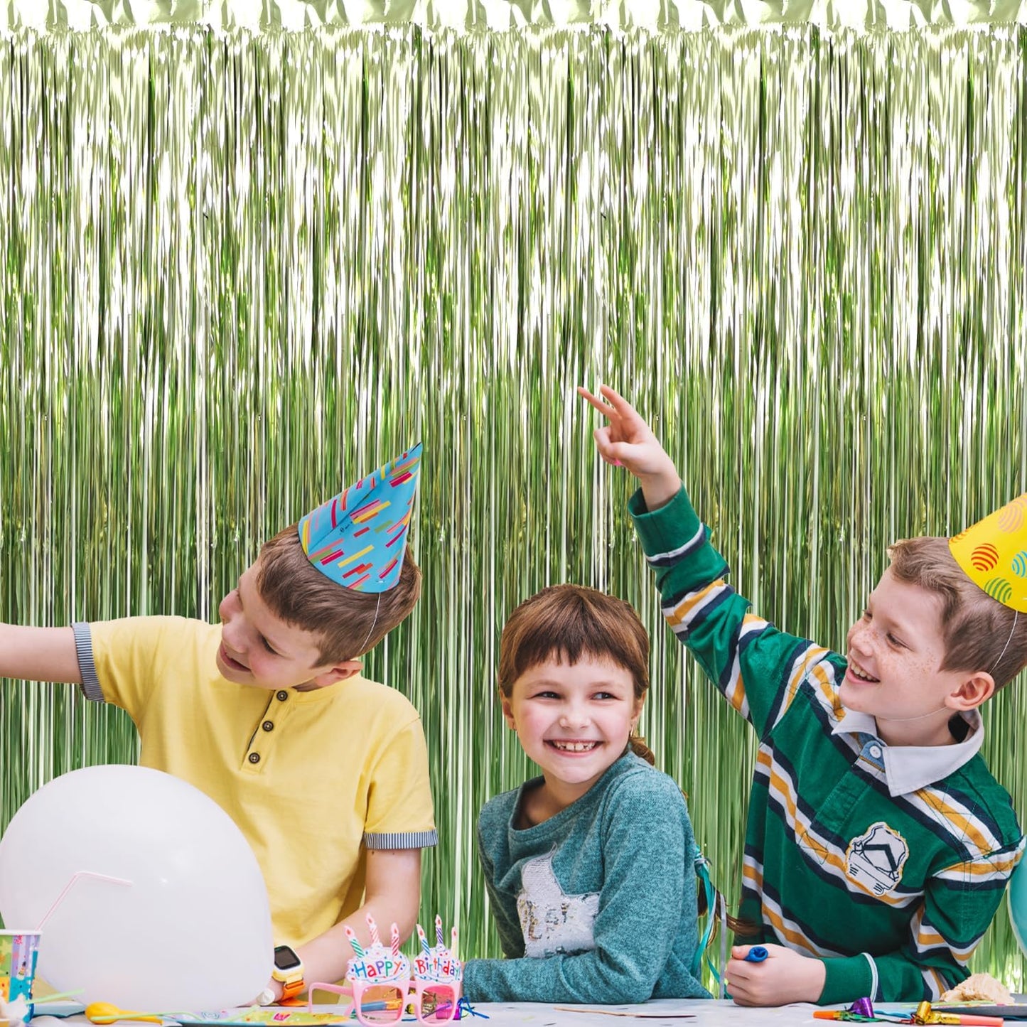 GOER 3.2 ft x 8.2 ft Metallic Tinsel Foil Fringe Curtains,Pack of 2 Party Streamer Backdrop for Birthday,Graduation Decorations and New Year Eve (Sage Green)