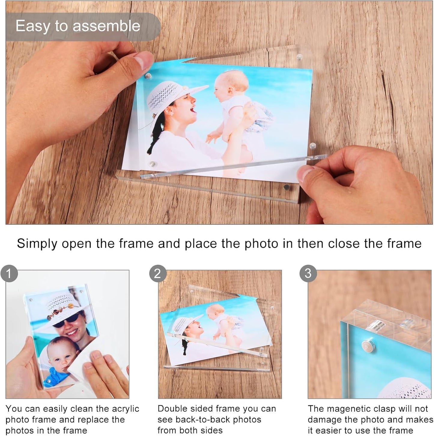 5x7 Acrylic Picture Frames, 20mm Thick Clear Frameless Magnetic Photo Frames, Double Sided Transparent Square Frame Gift for Tabletop Display(3 Pack)