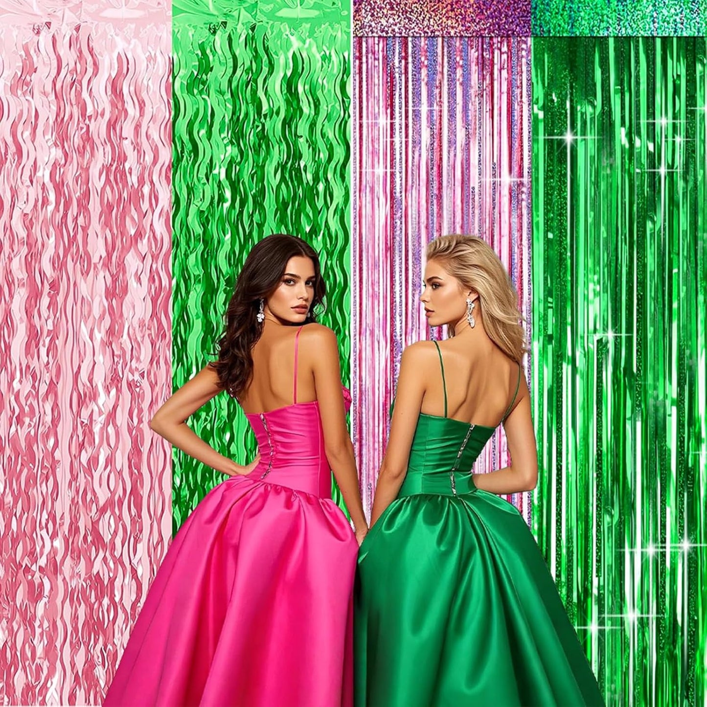 CANREVEL 2 Pack 3.3x6.6 Feet Pink and Green Foil Fringe Backdrop Curtains, Tinsel Streamers for Wicked Witch Merch Decor Birthday Party, Graduation, Halloween Party Decorations