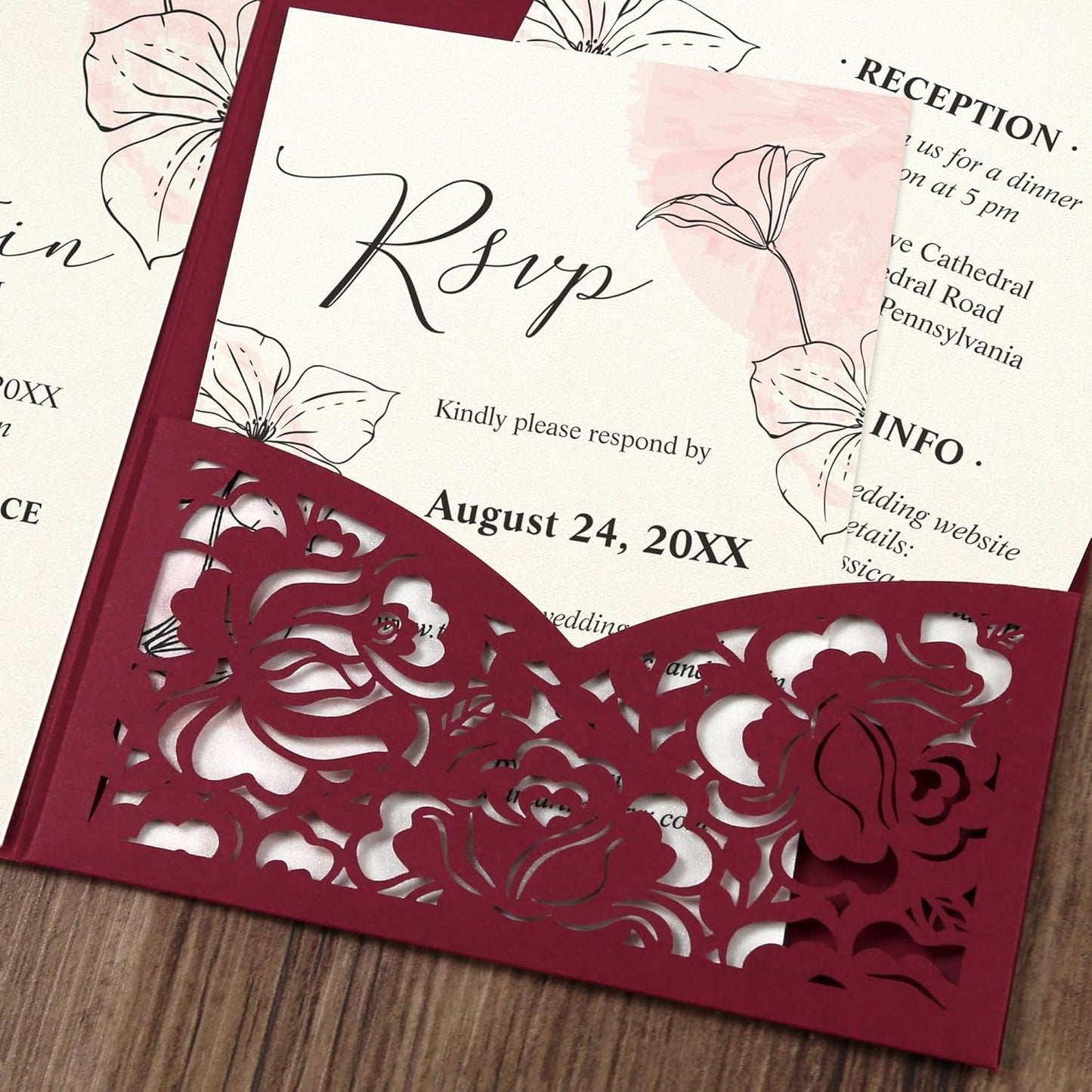 DORIS HOME 50pcs Laser Cut Wedding Invitation Pockets with Envelopes Burgundy, 5.12" x 7.12"Invitation Cards for Wedding, Anniversary (No Inserts Included)