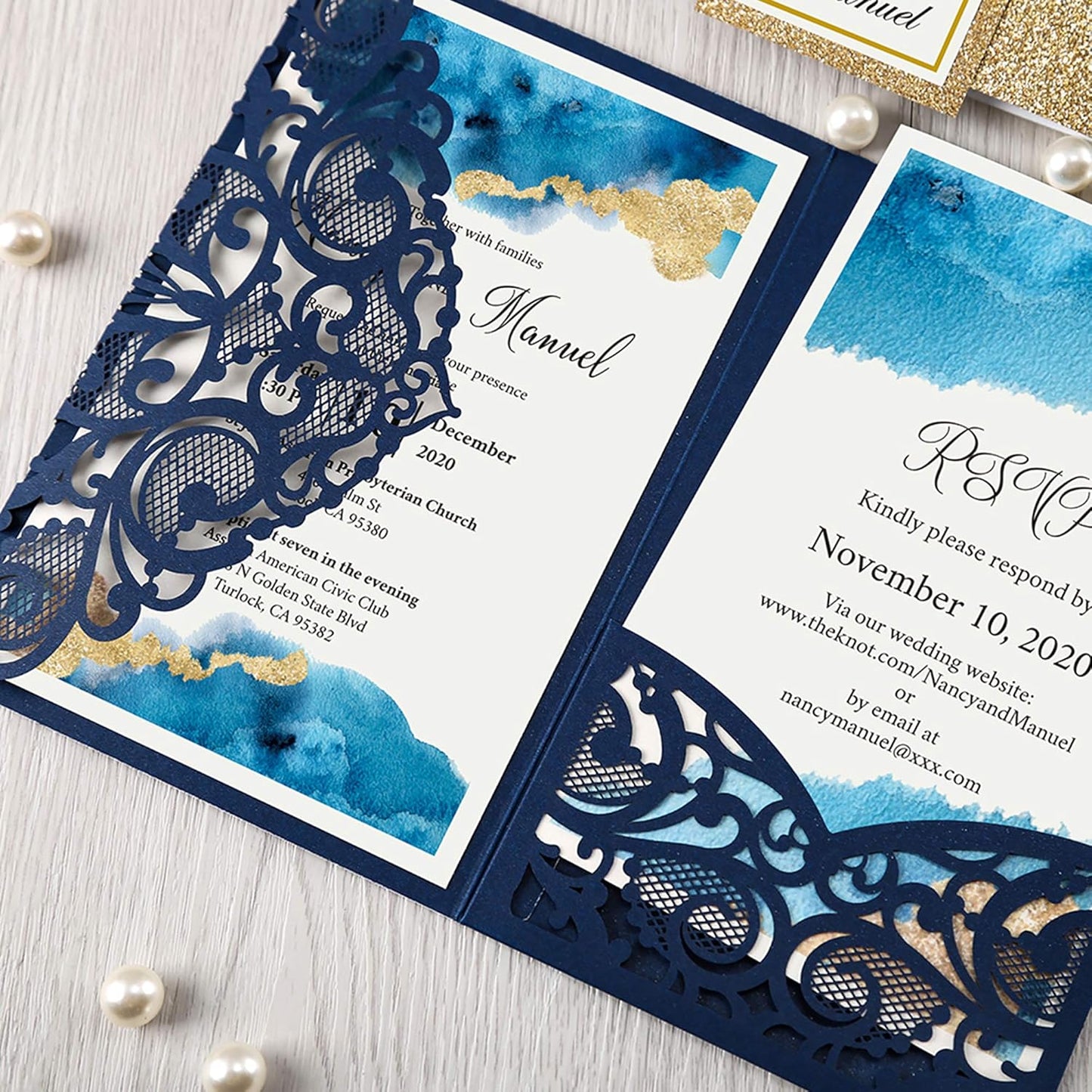 DORIS HOME 50PCS Laser Cut Wedding Invitations with Envelopes and RSVP Cards BLANK Inner With Gold Glitter Belly Band for Wedding Engagement Bridal Shower Party Invite 4.7x7 Inch Navy Blue