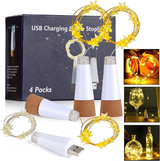 Wine Bottle Cork Lights, Rechargeable & USB Powered, 78 Inches, 10 Star-Shaped LED Copper Wire Lights, Waterproof, Perfect for DIY Parties, Home Decor, Christmas & Weddings (Warm Light)
