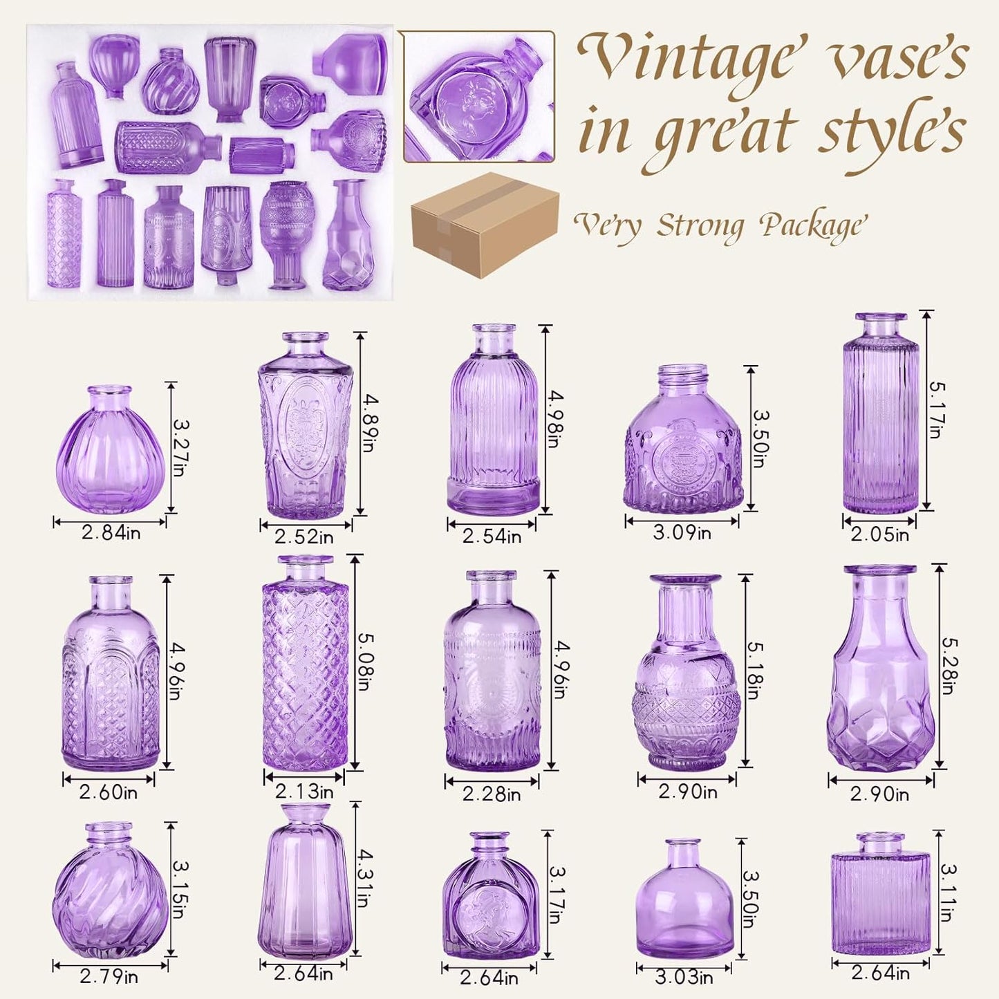 Bud Vases for Centerpieces Wedding,Flower Vases in Bulk for Rustic Home Decor,Small Vases for Wedding,Mother's Day,Graduation,Christmas,Birthday Party,Valentine's Day(Purple,15 Pcs)