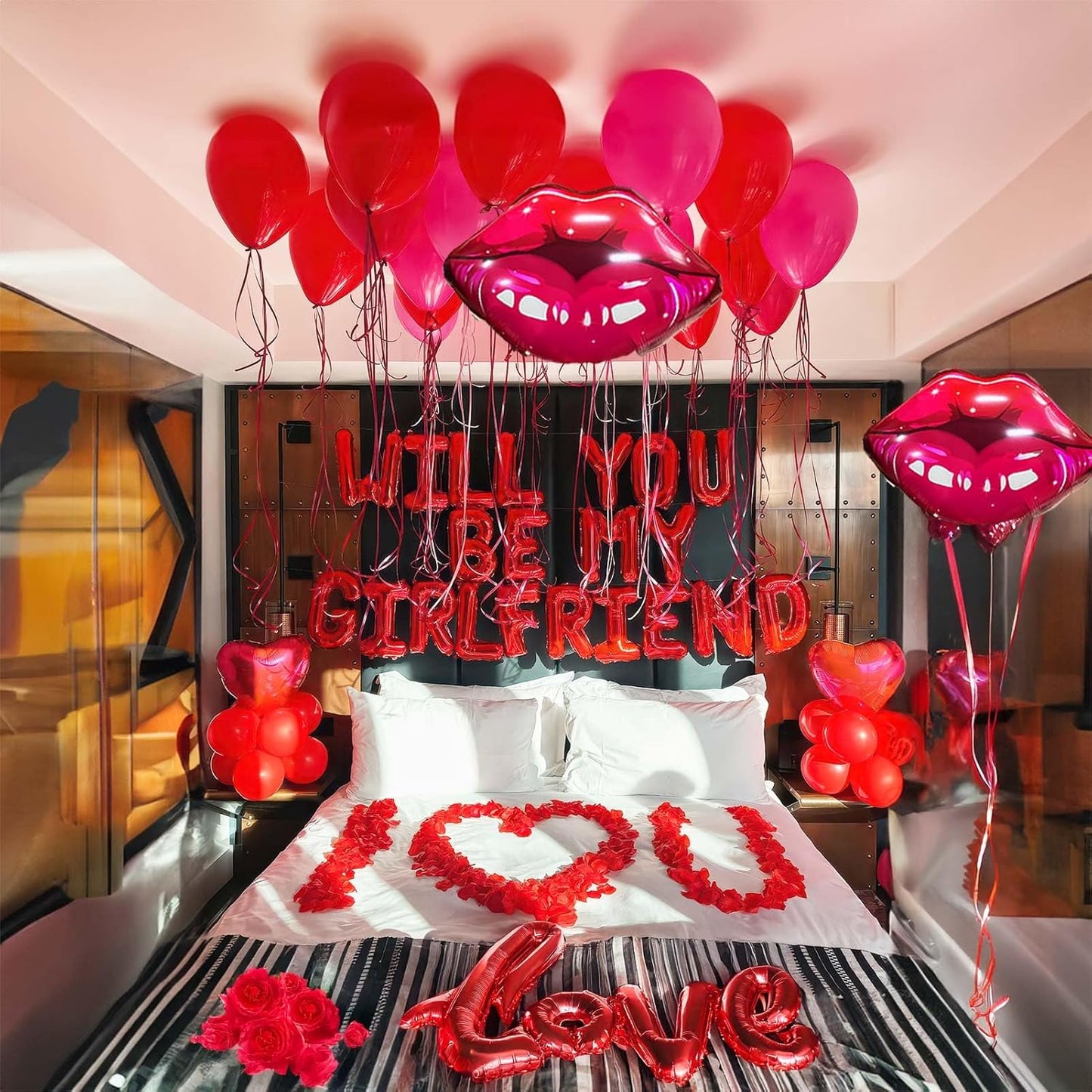 16 Inches Red 'WILL YOU BE MY GIRLFRIEND' Confession Letter Balloons with Heart-Shape, lips, love Foil Balloons and Rose Petals for Romantic Special Night Decorations and Valentines Day