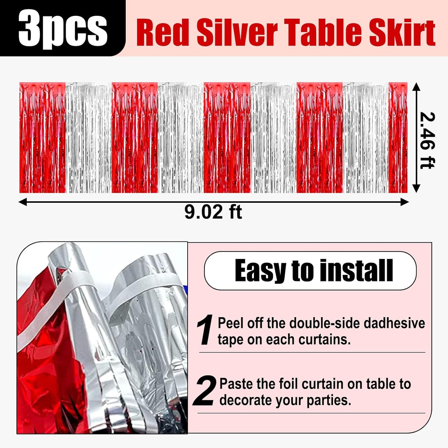 3 Pack 29x108 Inch Red Silver Foil Fringe Table Skirts Metallic Banner for Tinsel Streamer Garland Backdrop for Parade Floats Wedding Thanksgiving Birthday Christmas Halloween Party Decoration