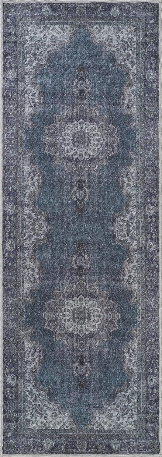 Bloom Rugs Washable Non-Slip 10 ft Runner - Dark Teal Traditional Medallion Runner for Entryway, Hallway, Bathroom, and Kitchen - Exact Size: 2.5' x 10'