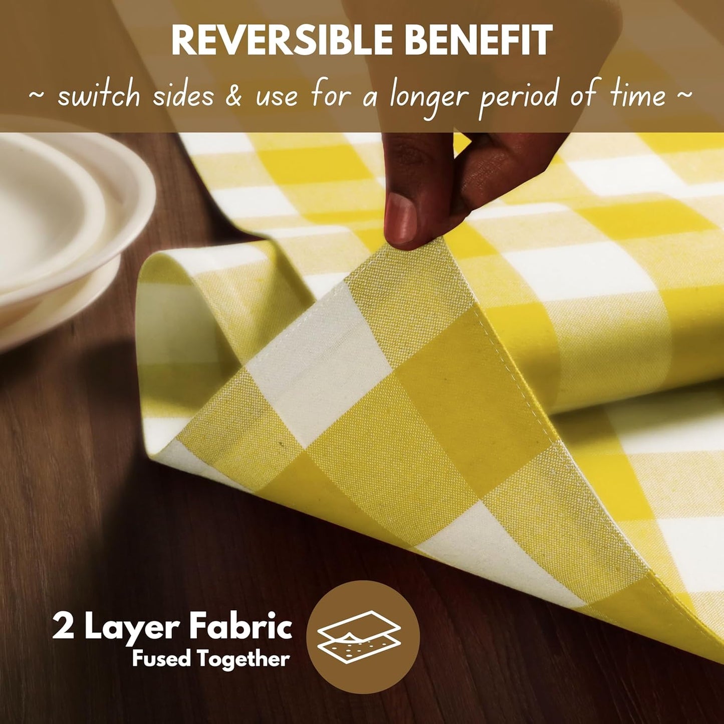 Native Fab Table Runner Buffalo Check Plaid 100% Cotton - 13x90 Inches Kitchen Dining Table Decoration for Indoor Farmhouse Home Decor - Lemon Yellow and White
