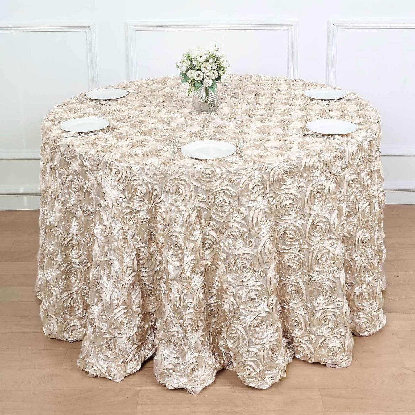 Efavormart 120" Beige Grandiose 3D Rosette Satin Round Tablecloth for Wedding Party Event Decoration