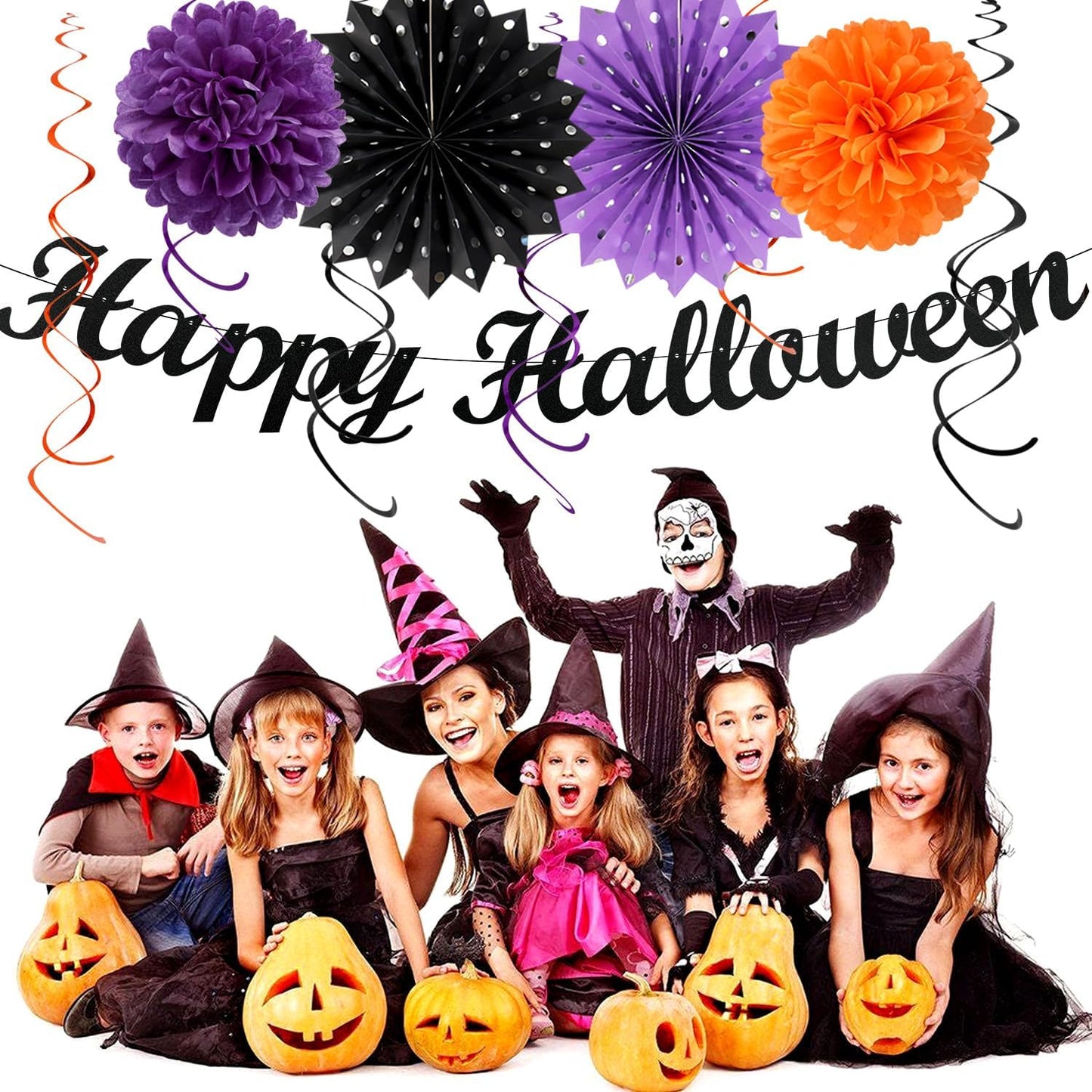 Black-Purple Orange Happy-Halloween Party-Decorations - 21pcs Birthday Banner,Paper Lanterns Honeycomb,Tissue Pom Poms Flower Fan,Kids Classroom Hanging Streamers Garland Decor Supplies Huglony