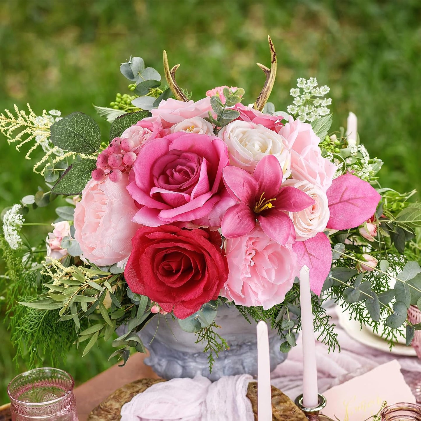 AmyHomie Fuchsia Pink Artificial Flowers Combo Silk Mix Peony Rose Fake Flowers w/Stem for DIY Wedding Bouquets Centerpieces Arrangements Table Fall Decor Party Bridal Baby Shower Home Decorations