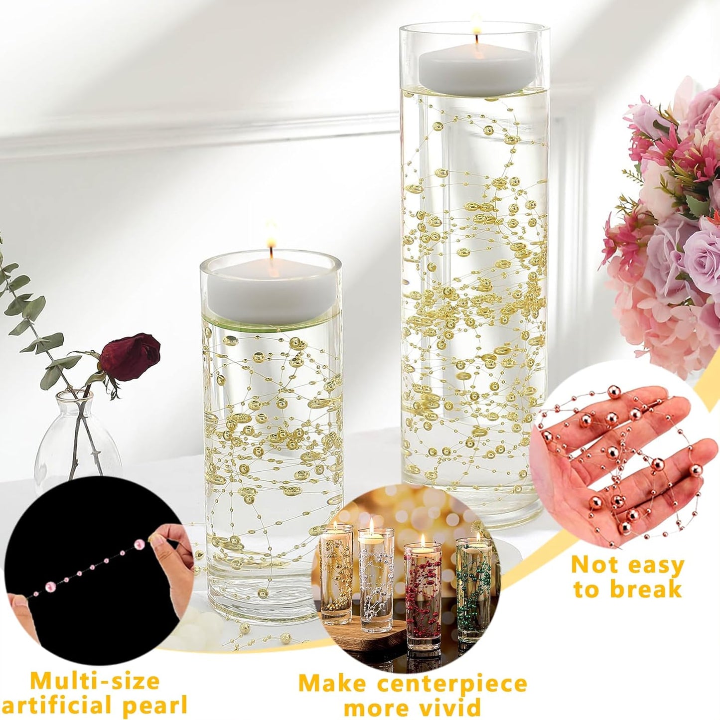 50 PCS Artificial Floating Beads for Centerpieces Vases, Black Gold 8+3mm String Beads for Wedding Party Faux Pearl String for Decorating, String Pearls for Crafts Vase Filler