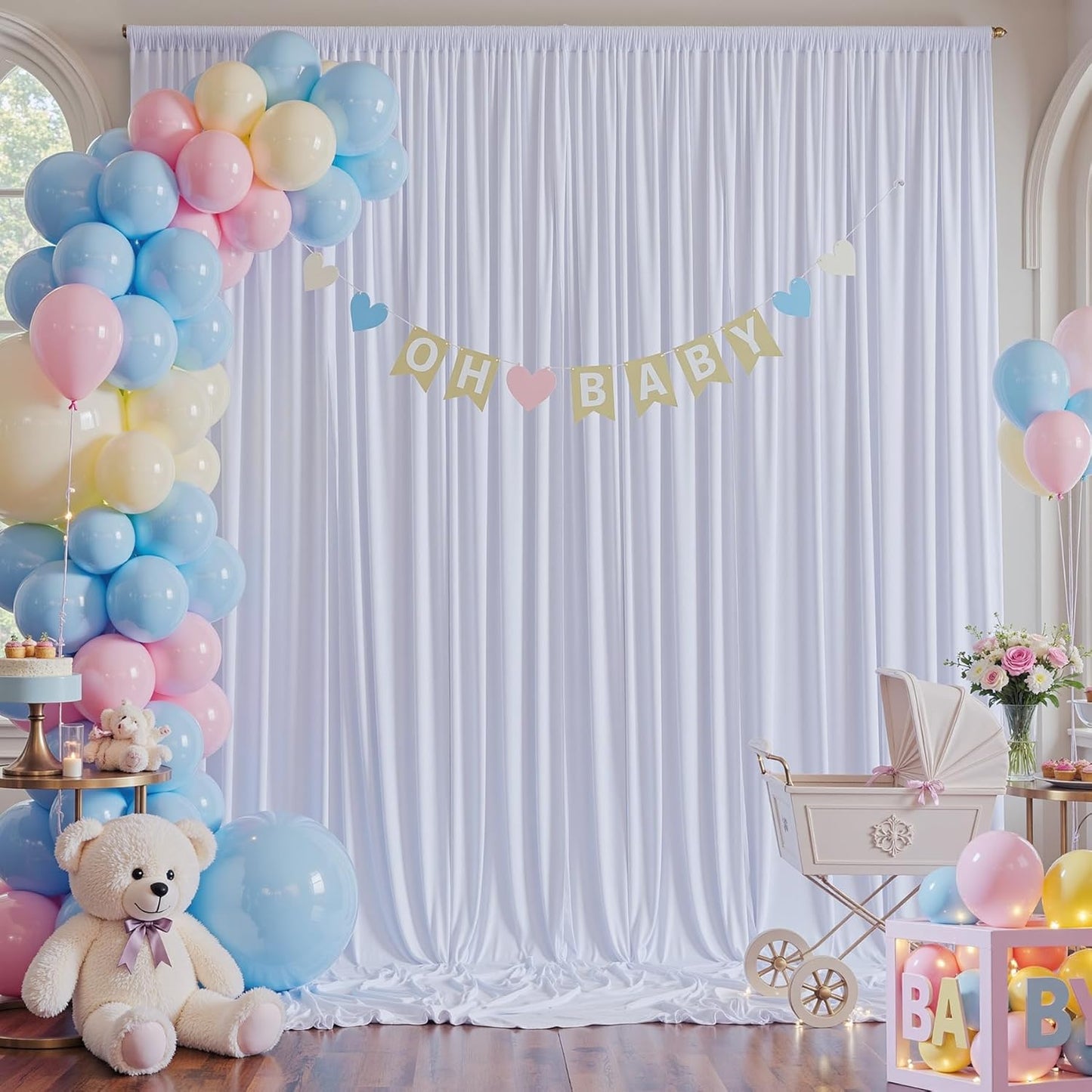 40×14 ft White Wrinkle Free Backdrop Curtain, Soft Silky Polyester Wedding Drapes 8 Panels 14ft Height Photo Backdrop Curtains for Parties Birthday Baby Shower Photography Background Cloth