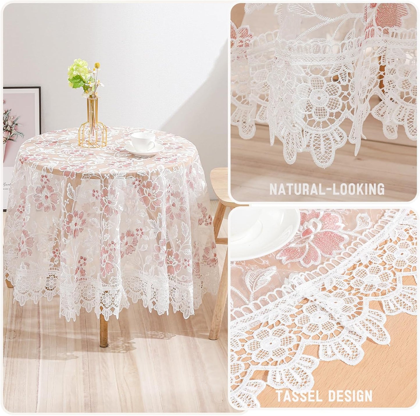 Round Embroidered Lace Tablecloth Vintage Decorative Exquisite Border Table Cover for Party Wedding Home Decorations, Round-35, White