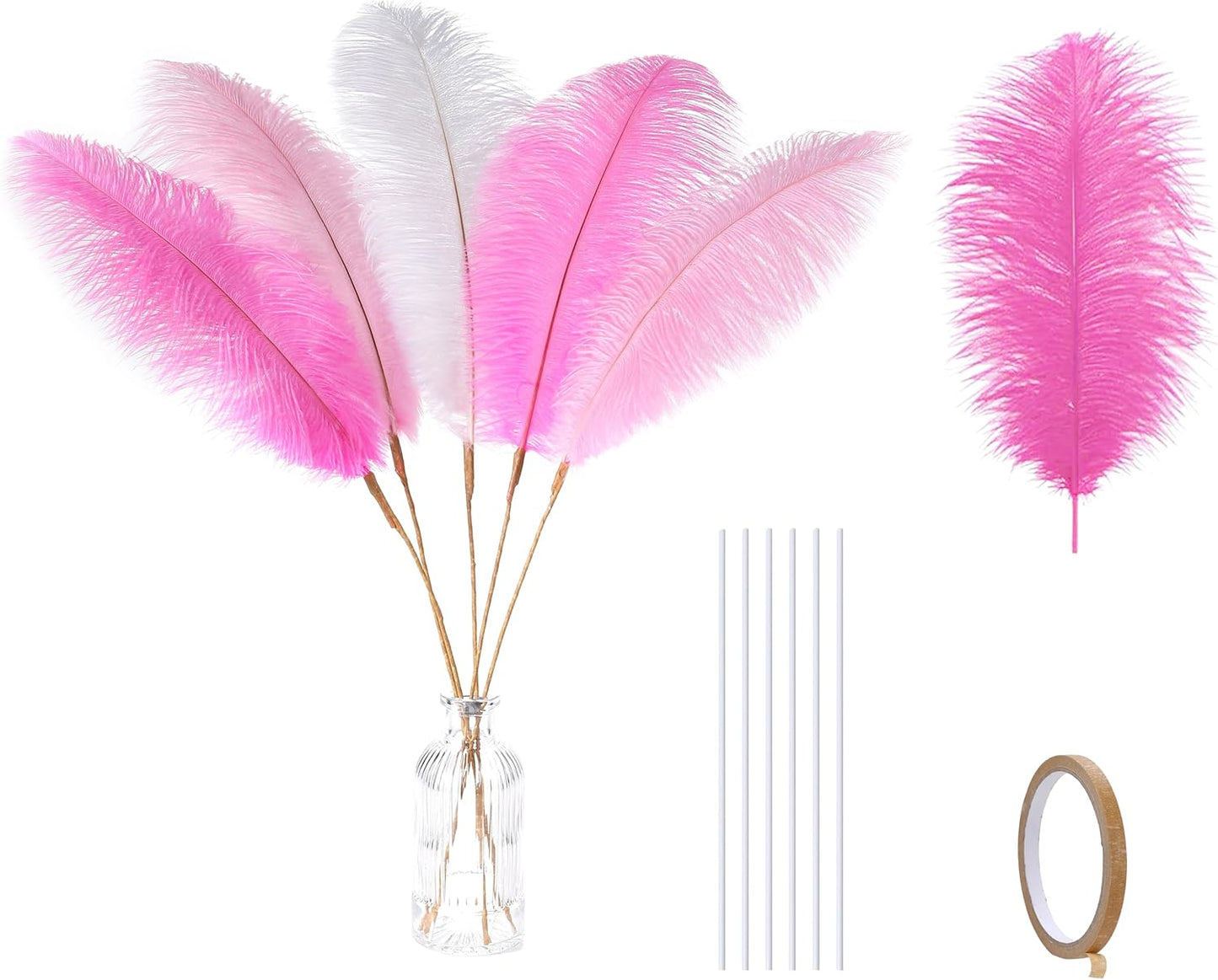 Holmgren Pink White and Light Pink Ostrich Feathers - 20pcs Making Kit 22 Inch Ostrich Feathers Bulk for Vase, Floral Arrangement, Tables Wedding Party Centerpieces and Christmas Home Decorations