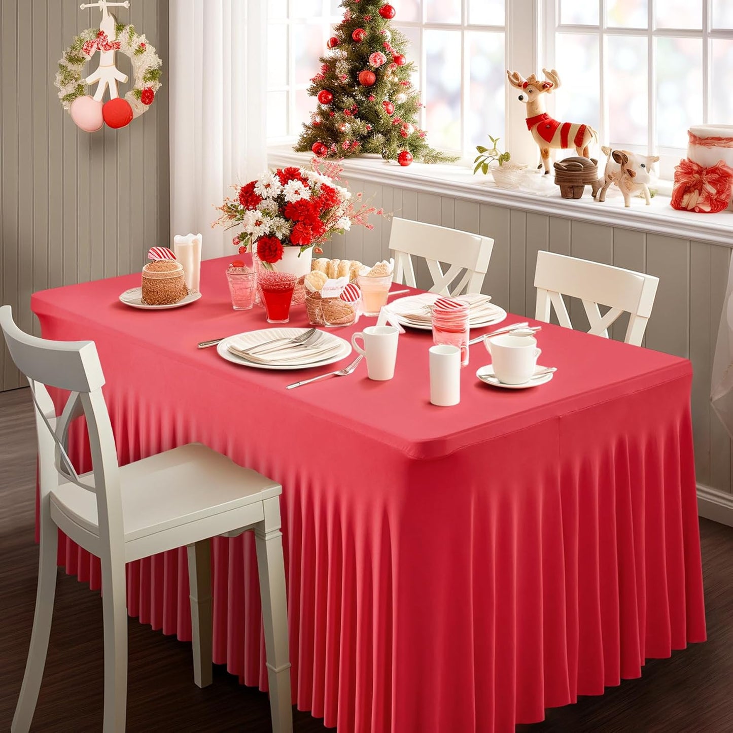 Wish Care 2 Pack Red Spandex Table Clothes for 4 Foot Rectangle Tables, 4FT Wrinkle Free Fitted Tablecloths Ruffles Design Stretch Table Cover for Party, Banquet, Wedding and Events