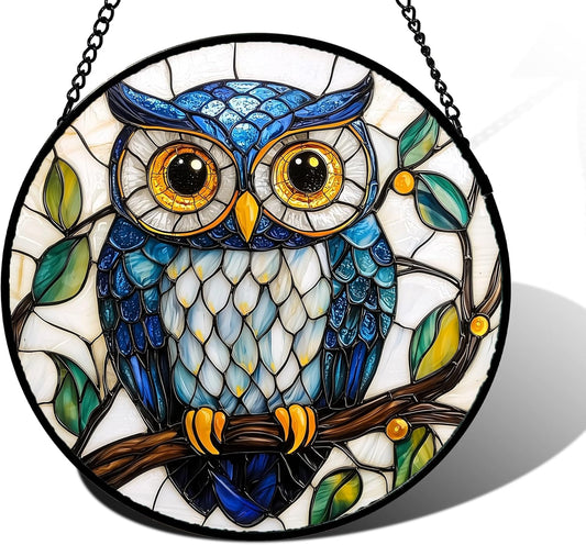Stained Glass Window Hanging, Owl Gifts for Women Sun Catchers Diamond Glass Panel Hangings Birds Suncatcher Decor for Birthday for Women, Men, Wife, Aunt, and Mom 6.3 in