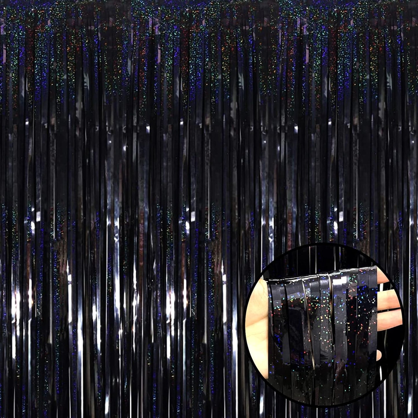 4 Pack Black Tinsel Foil Fringe Curtain Backdrop, 3.28Ft x 8.2Ft Metallic Streamers for Photo Booth Props Wedding Bridal Shower Bachelorette Birthday Halloween Christmas Party Decoration