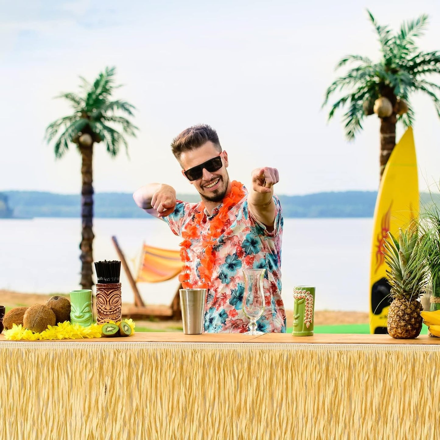 Fovths 4 Packs Luau Grass Table Skirt Fringe Straw Grass Skirt 108 x 30 Inch Hibiscus Hawaiian Table Skirts Rectangle Tropical Luau Party Decorations for Hawaiian Luau Decorations