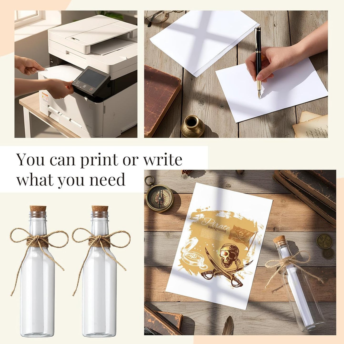 Baderke 24 Pcs 5.6 oz Message Bottles with Letter Printer Paper Plastic Bottles & Corks Twines for Message Invitations Birthday Wedding Baby Shower DIY Crafts Gift Party Favors (White)