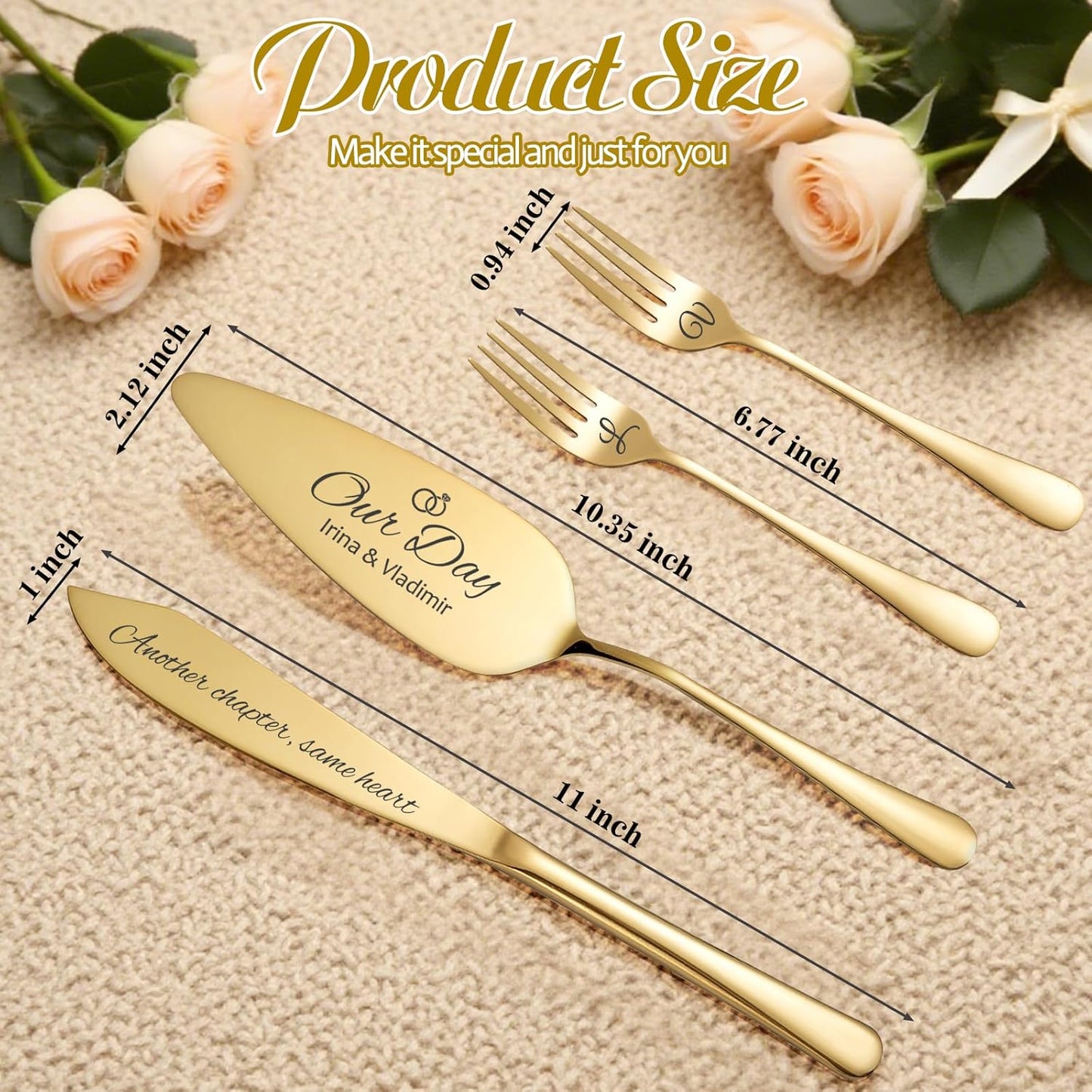 Personalized 4 Piece Wedding Cake Cutting Set, Custom Names Cake Knife and Server set with Forks, Anniversary Birthday Bridal Wedding Registry Gifts (Gold)