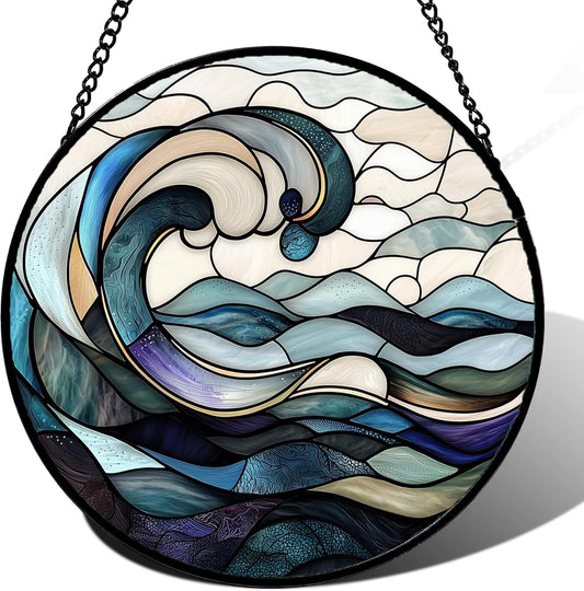 Stained Glass Window Hanging, Ocean Waves Sun Catchers Diamond Glass Panel Hangings Abstract Suncatcher Decor for Birthday for Women, Men, Wife, Aunt, and Mom 14.9x14.9 in