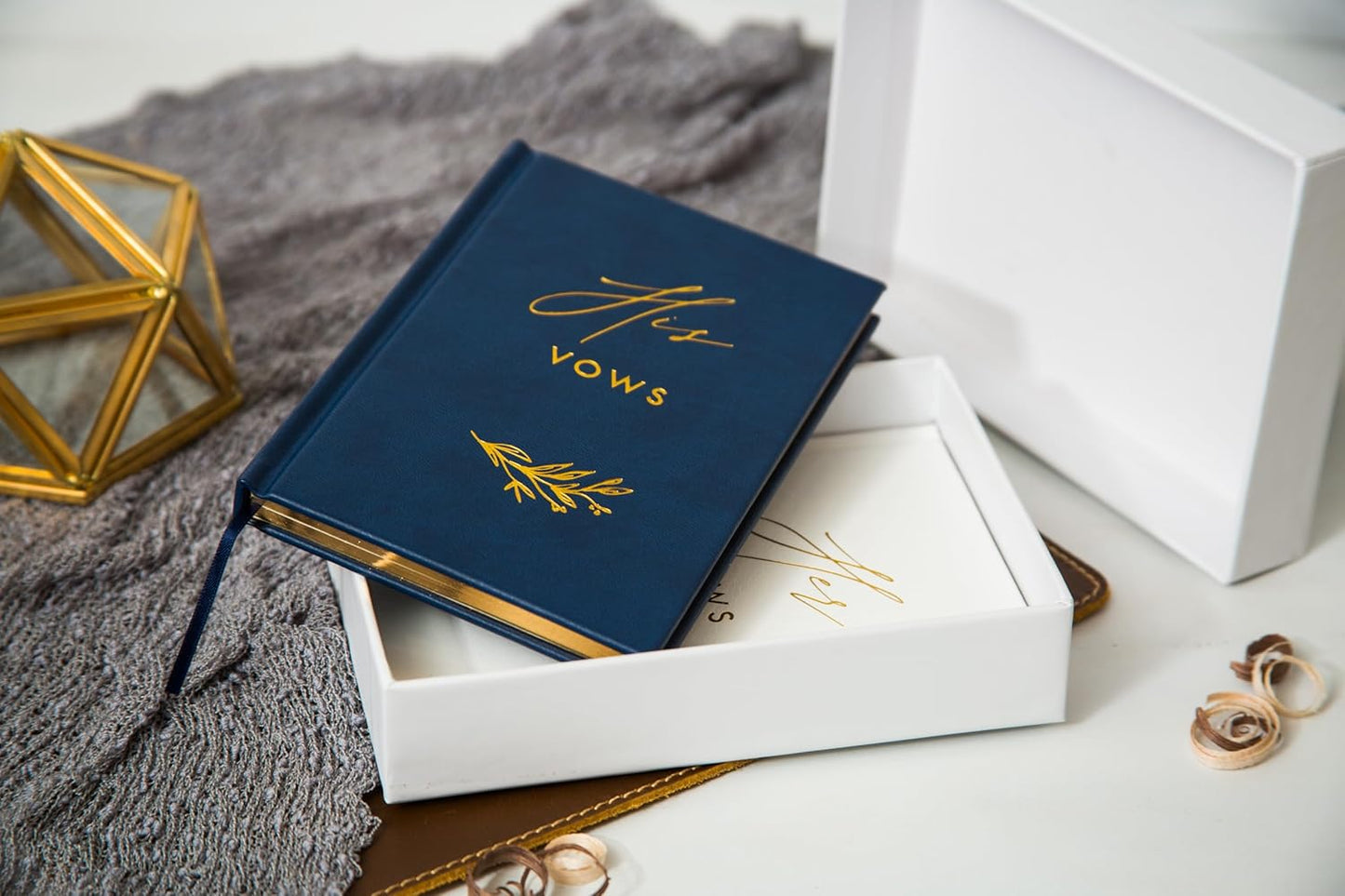 His and Her Vow Books (Set of 2) - Navy & White Hard Cover Gold Embossed Notebook Journal Diary for Nuptial Wedding Cerenomy Vow Renewal / Engagement Gift for Newly Engaged Couples at Bridal Shower