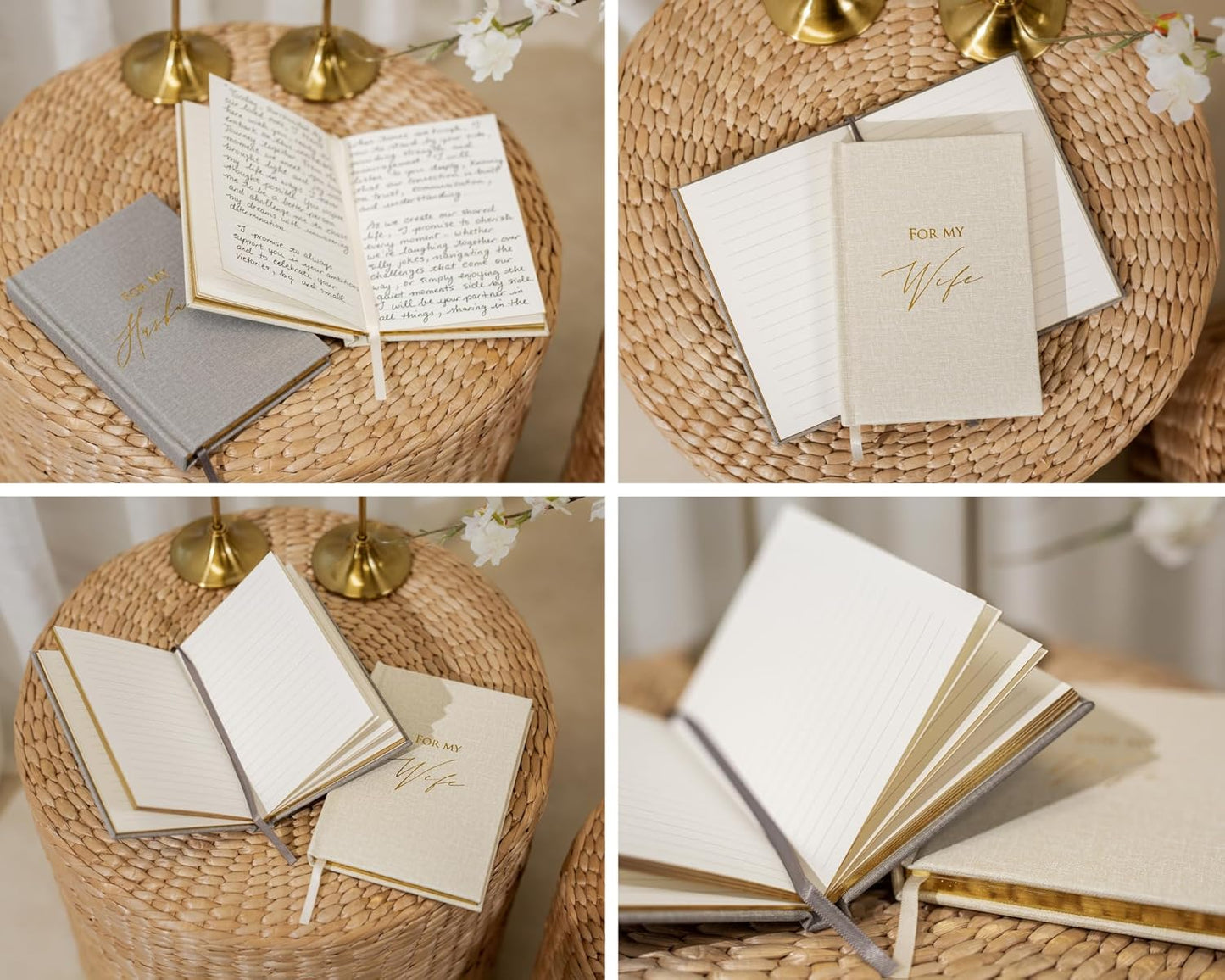 Hard Cover Vow Books (Set of 2) - For My Husband & For My Wife Grey & Cream Pocket Sized Foil Embossed Wedding Ceremony Vow Renewal Speech Notebook Planner, Gift for Bride & Groom Newly Engaged Couple